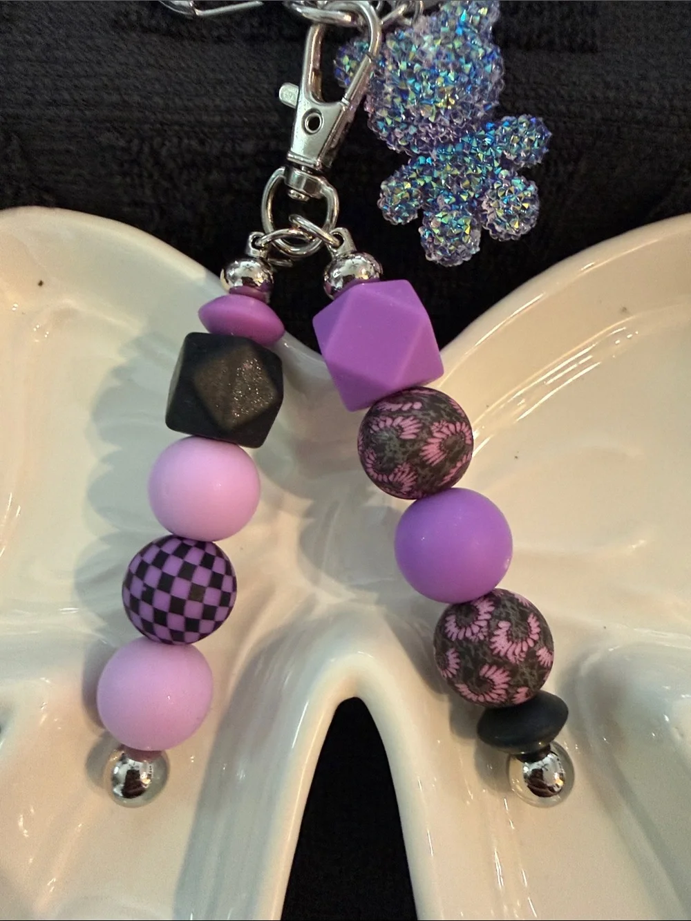 Unbranded Purple Beaded Teddy Key & Card Holder Charm